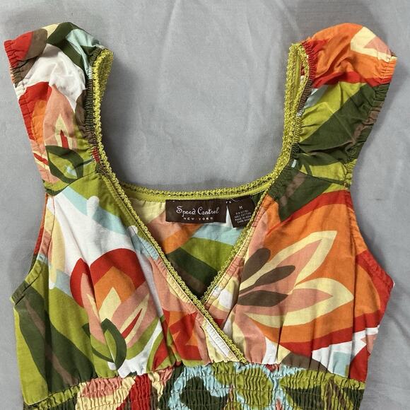 Tropical Floral Milkmaid Dress Sz Medium Smocked Waist Babydoll Retro vibes - Picture 7 of 8